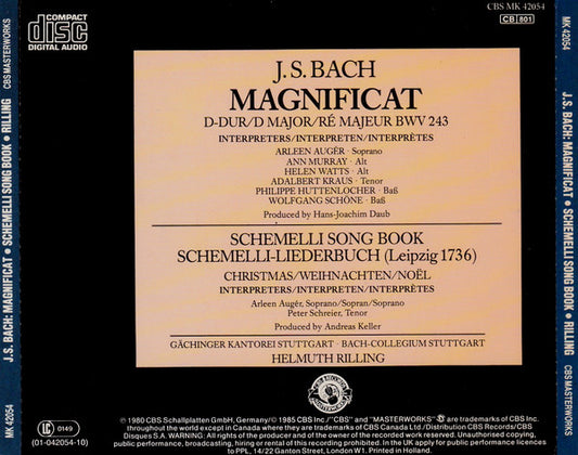 Johann Sebastian Bach, Arleen Auger, Ann Murray, Helen Watts, Adalbert Kraus, Philippe Huttenlocher, Wolfgang Schöne, Georg Christian Schemelli, Peter Schreier, Gächinger Kantorei Stuttgart ∙ Bachcollegium Stuttgart, Helmuth Rilling : Magnificat D-Dur = D Major = Ré Majeur BWV 243 / Song Book = Liederbuch (Leipzig 1736) Christmas = Weihnachten = Noël  (CD, Comp)