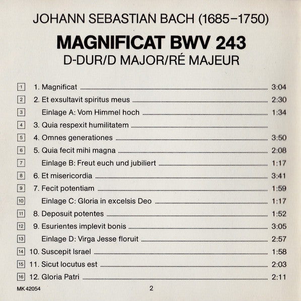 Johann Sebastian Bach, Arleen Auger, Ann Murray, Helen Watts, Adalbert Kraus, Philippe Huttenlocher, Wolfgang Schöne, Georg Christian Schemelli, Peter Schreier, Gächinger Kantorei Stuttgart ∙ Bachcollegium Stuttgart, Helmuth Rilling : Magnificat D-Dur = D Major = Ré Majeur BWV 243 / Song Book = Liederbuch (Leipzig 1736) Christmas = Weihnachten = Noël  (CD, Comp)