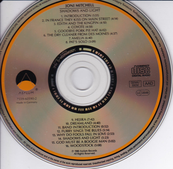 Joni Mitchell : Shadows And Light (CD, Album, RE)