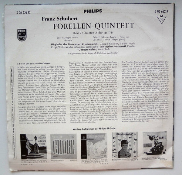 Franz Schubert - Budapest String Quartet : Forellen-Quintett (Klavierquintett A-Dur Op. 114) (10")