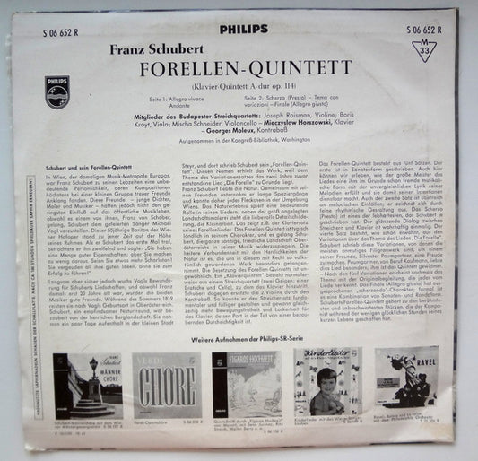Franz Schubert - Budapest String Quartet : Forellen-Quintett (Klavierquintett A-Dur Op. 114) (10")