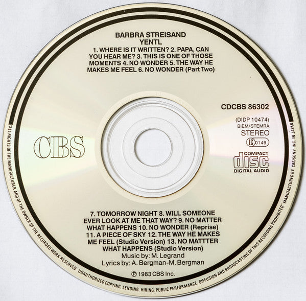Barbra Streisand : Yentl - Original Motion Picture Soundtrack (CD, Album, RE)