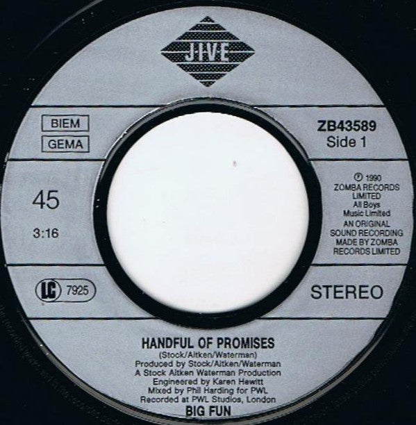 Big Fun : Handful Of Promises (7", Single)