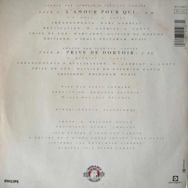 Aurélie Lahaye Et Jean-Luc Lahaye : L'Amour Pour Qui (7", Single)