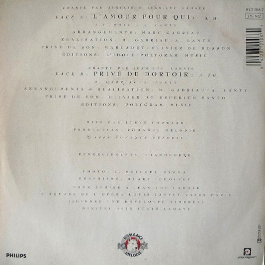 Aurélie Lahaye Et Jean-Luc Lahaye : L'Amour Pour Qui (7", Single)