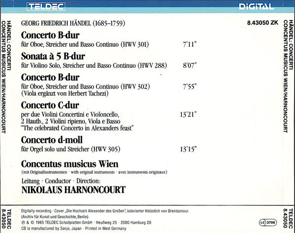 Georg Friedrich Händel, Alice Harnoncourt, Herbert Tachezi, Jürg Schaeftlein, Concentus Musicus Wien, Nikolaus Harnoncourt : Concerto "Alexander's Feast" / Concerti: Violin•Organ•Oboe (CD)