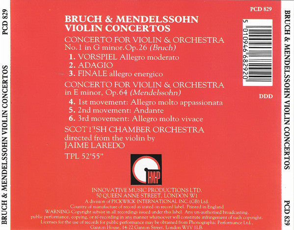 Felix Mendelssohn-Bartholdy & Max Bruch - Jaime Laredo, Scottish Chamber Orchestra : Concertos For Violin And Orchestra (CD, Album)