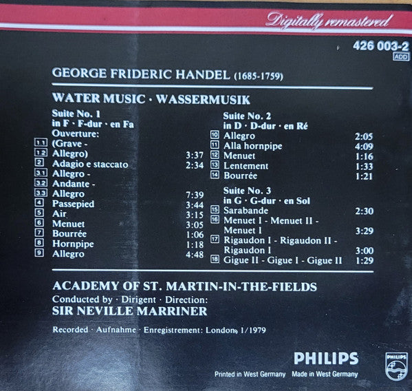Georg Friedrich Händel, The Academy Of St. Martin-in-the-Fields, Sir Neville Marriner : Water Music • Wassermusik (CD, Album, RE)
