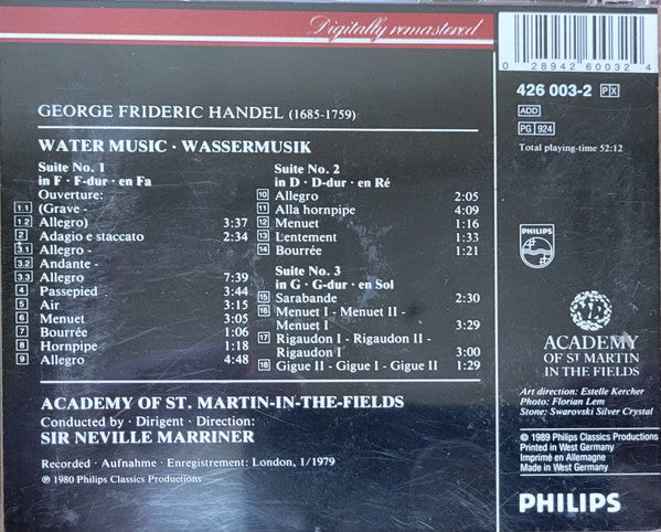 Georg Friedrich Händel, The Academy Of St. Martin-in-the-Fields, Sir Neville Marriner : Water Music • Wassermusik (CD, Album, RE)