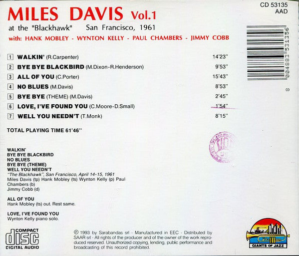 Miles Davis With Hank Mobley, Wynton Kelly, Paul Chambers (3), Jimmy Cobb : San Francisco, 1961 Miles Davis At The "Blackhawk" Vol. 1 (CD, Album)