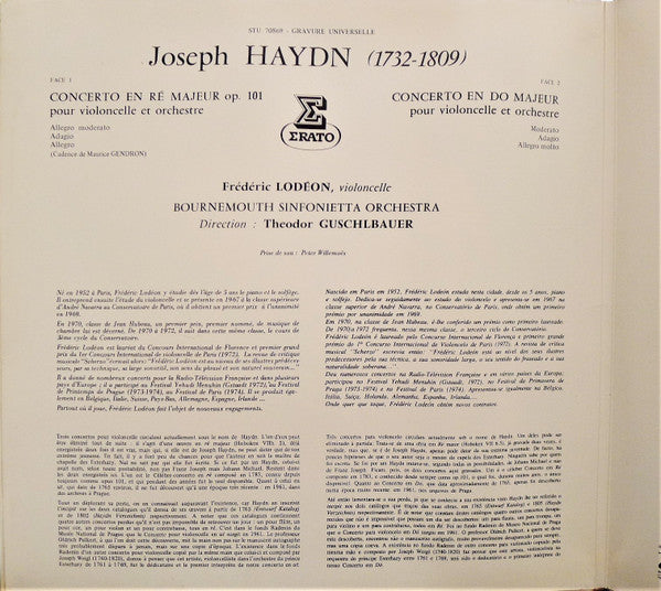 Joseph Haydn - Frédéric Lodéon, Bournemouth Sinfonietta, Theodor Guschlbauer : Les Deux Concertos Pour Violoncelle (LP)