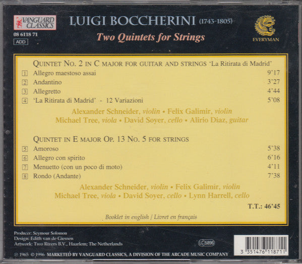 Luigi Boccherini, Alexander Schneider, Felix Galimir, Michael Tree, David Soyer, Lynn Harrell, Alirio Díaz : Two Quintets For Strings (CD)