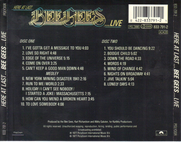 Bee Gees : Here At Last.. Bee Gees ...Live (2xCD, Album, RE)