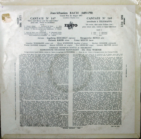 Johann Sebastian Bach /  Ingeborg Reichelt, Margarethe Bence, Helmut Krebs, Franz Kelch, Heinrich-Schütz-Chor Heilbronn, Südwestfunkorchester Baden-Baden Direction Fritz Werner : Cantate Nº 147 "Herz Und Mund Und Tat Und Leben" / Cantate Nº 160 "Ich Weiss, Dass Mein Erlöser Lebt" (LP, Album, Mono)