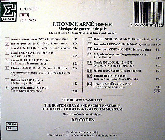 Joel Cohen (3), Boston Camerata : L'Homme Armé (1450-1650) - Musique De Guerre Et De Paix (CD, Album, Comp)