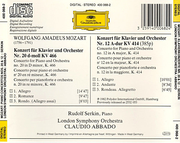 Wolfgang Amadeus Mozart, London Symphony Orchestra, Rudolf Serkin, Claudio Abbado : Klavierkonzerte • Piano Concertos Nos. 20 & 12 (CD, RE)
