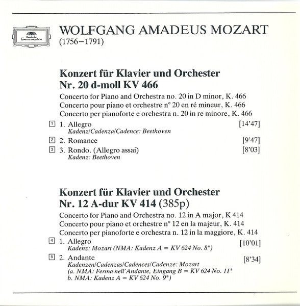 Wolfgang Amadeus Mozart, London Symphony Orchestra, Rudolf Serkin, Claudio Abbado : Klavierkonzerte • Piano Concertos Nos. 20 & 12 (CD, RE)
