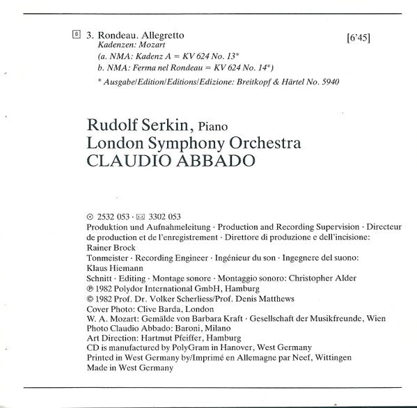 Wolfgang Amadeus Mozart, London Symphony Orchestra, Rudolf Serkin, Claudio Abbado : Klavierkonzerte • Piano Concertos Nos. 20 & 12 (CD, RE)
