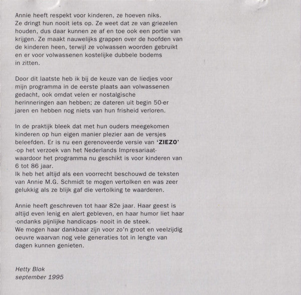 Hetty Blok : Ziezo (Eresaluut Aan Annie M.G. Schmidt) (CD)