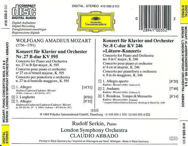 Wolfgang Amadeus Mozart  -  London Symphony Orchestra, Rudolf Serkin, Claudio Abbado : Klavierkonzerte · Piano Concertos Nos. 27 & 8 (CD)