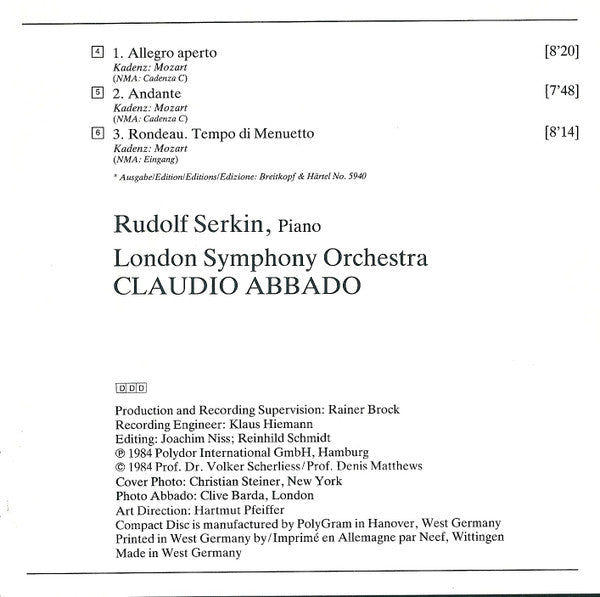 Wolfgang Amadeus Mozart  -  London Symphony Orchestra, Rudolf Serkin, Claudio Abbado : Klavierkonzerte · Piano Concertos Nos. 27 & 8 (CD)
