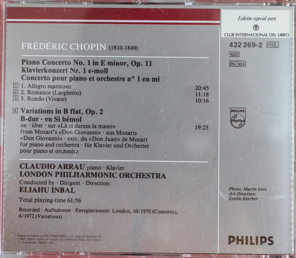 Frédéric Chopin – Claudio Arrau, London Philharmonic Orchestra, Eliahu Inbal : Concerto No. 1 / Variations In B Flat (CD, Comp, Club)