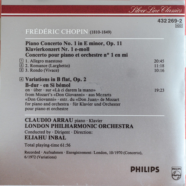 Frédéric Chopin – Claudio Arrau, London Philharmonic Orchestra, Eliahu Inbal : Concerto No. 1 / Variations In B Flat (CD, Comp, Club)