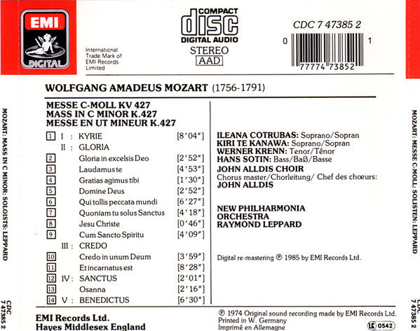 Wolfgang Amadeus Mozart, Kiri Te Kanawa, Ileana Cotrubas, John Alldis Choir, New Philharmonia Orchestra, Raymond Leppard : Messe C-Moll = Mass In C Minor = Messe En Ut Mineur (CD, Album, RM)
