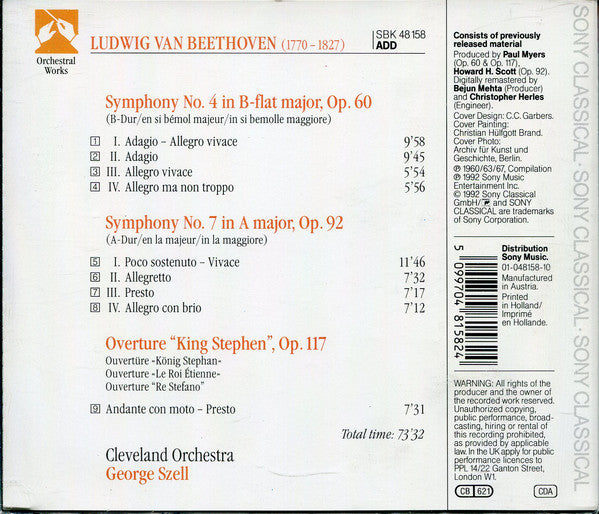 Ludwig van Beethoven, The Cleveland Orchestra · George Szell : Symphonies No. 4 & No. 7 - King Stephen Overture (CD, Comp, RE, RM)