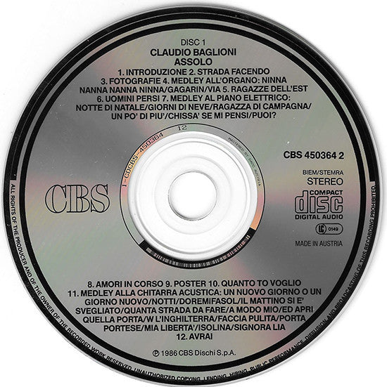 Claudio Baglioni : Assolo (2xCD, Album, Liv)
