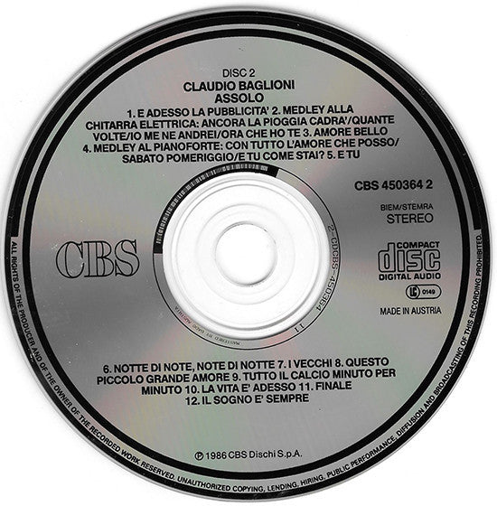 Claudio Baglioni : Assolo (2xCD, Album, Liv)