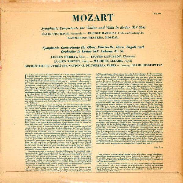 Wolfgang Amadeus Mozart - David Oistrach, Rudolf Barshai, Moscow Chamber Orchestra / Lucien Debray • Jacques Lancelot • Lucien Thévet • Maurice Allard • Orchestre National De L'Opéra De Paris, David Josefowitz : Konzertante Sinfonien Für Violine Und Viola (KV 364) / Für Oboe, Klarinette, Horn, Fagott Und Orchester (K. Ahn. 9) (LP)