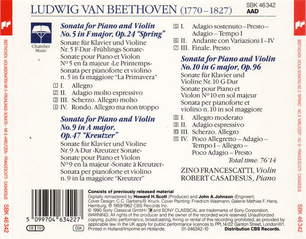 Ludwig Van Beethoven - Zino Francescatti, Robert Casadesus : Violin Sonatas No. 5 "Spring" - No. 9 "Kreutzer" - No. 10 (CD, Comp, RM)