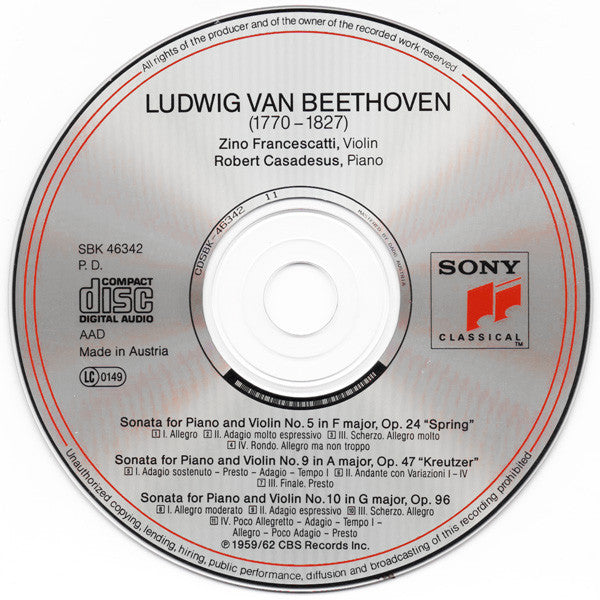 Ludwig Van Beethoven - Zino Francescatti, Robert Casadesus : Violin Sonatas No. 5 "Spring" - No. 9 "Kreutzer" - No. 10 (CD, Comp, RM)