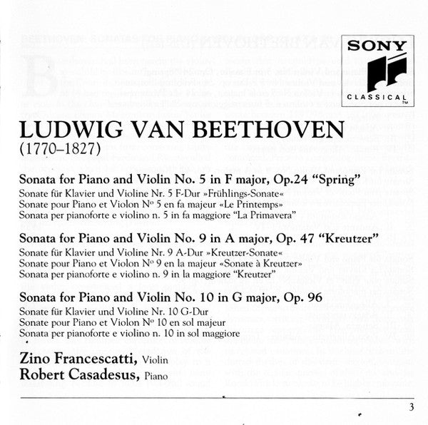 Ludwig Van Beethoven - Zino Francescatti, Robert Casadesus : Violin Sonatas No. 5 "Spring" - No. 9 "Kreutzer" - No. 10 (CD, Comp, RM)