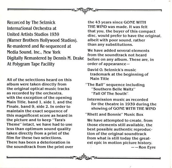 Max Steiner : Gone With The Wind (Music From The Original Motion Picture Soundtrack As Monophonically Recorded In 1939) (CD, Album, Mono, RE)