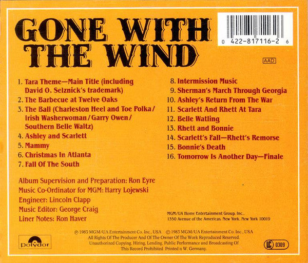 Max Steiner : Gone With The Wind (Music From The Original Motion Picture Soundtrack As Monophonically Recorded In 1939) (CD, Album, Mono, RE)
