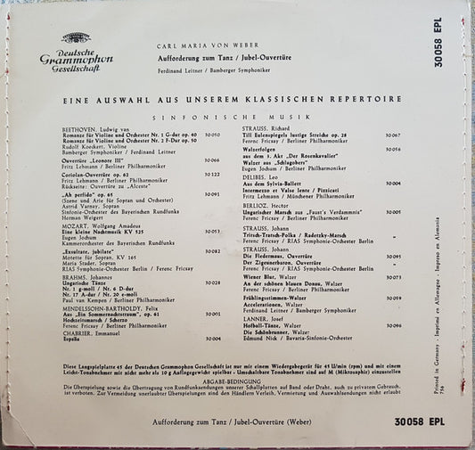 Carl Maria von Weber - Bamberger Symphoniker, Ferdinand Leitner : Aufforderung Zum Tanz / Jubel-Ouvertüre (7", EP, Mono)