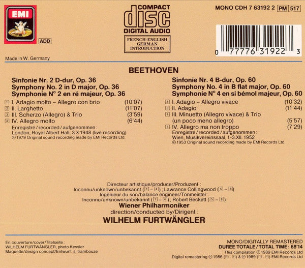 Ludwig van Beethoven - Wiener Philharmoniker, Wilhelm Furtwängler : Sinfonien / Symphonies Nos 2 & 4 (CD, Comp, Mono, RE, RM)
