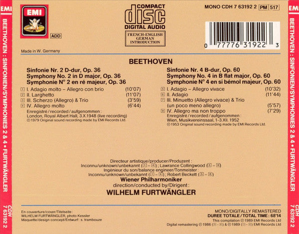 Ludwig van Beethoven - Wiener Philharmoniker, Wilhelm Furtwängler : Sinfonien / Symphonies Nos 2 & 4 (CD, Comp, Mono, RE, RM)