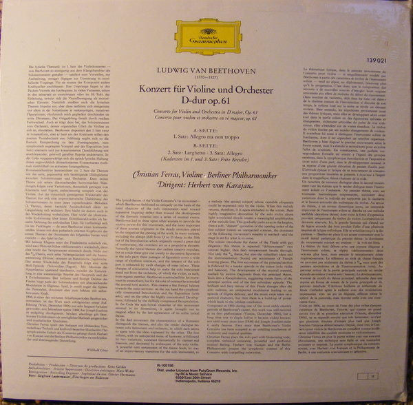 Ludwig Van Beethoven, Christian Ferras, Herbert von Karajan, Berliner Philharmoniker : Violinkonzert D-Dur (LP, RE, Pho)