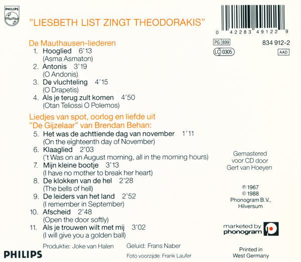 Liesbeth List Zingt  Mikis Theodorakis : Liesbeth List Zingt Theodorakis (CD, Album, RE)