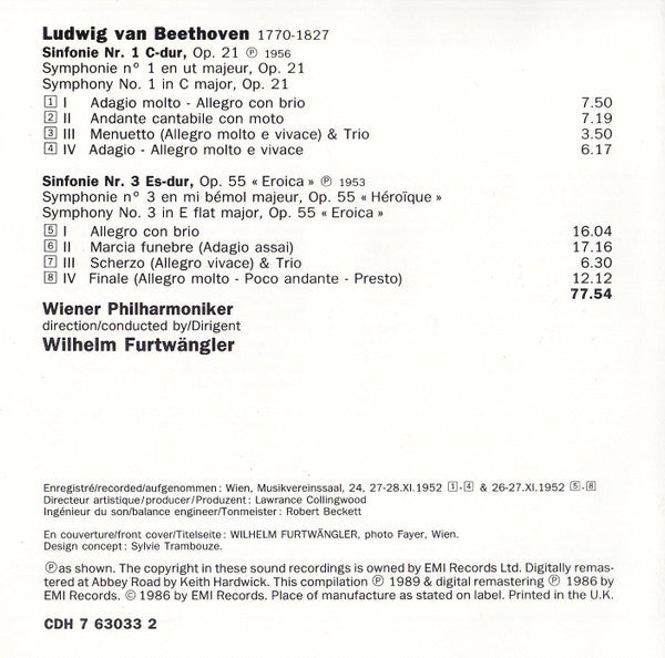 Ludwig van Beethoven - Wiener Philharmoniker, Wilhelm Furtwängler : Sinfonien / Symphonies No. 1 & 3 "Eroica" (CD, Comp, Mono, RM)