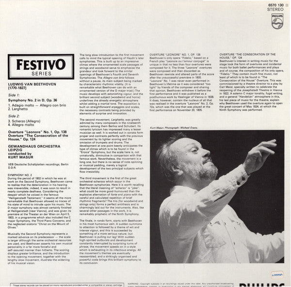 Kurt Masur, Gewandhausorchester Leipzig : Beethoven Symphony No. 2 - Overtures Leonore No.1 - Consecration of the House (LP, Comp, RE)
