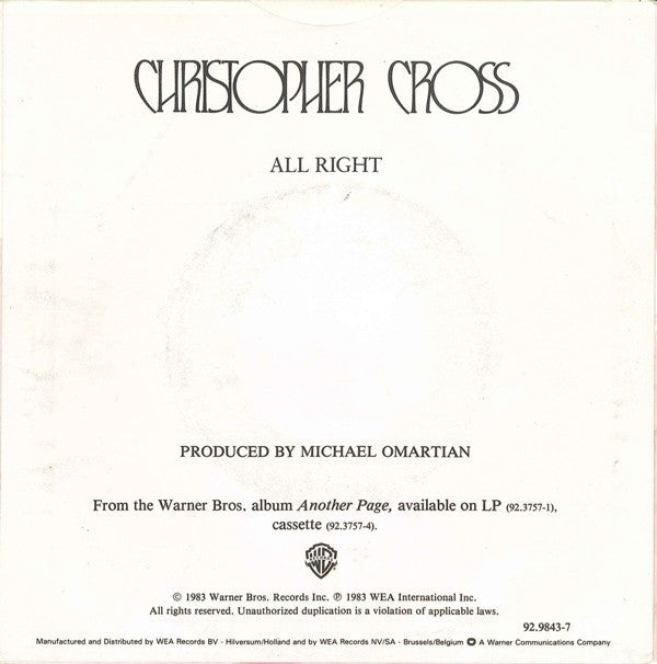 Christopher Cross : All Right (7", Single)