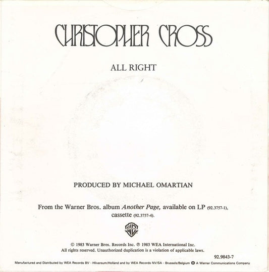 Christopher Cross : All Right (7", Single)