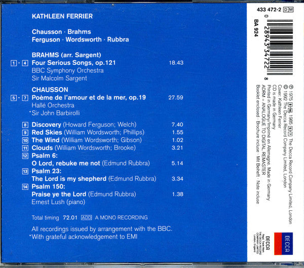Ernest Chausson, Johannes Brahms - Kathleen Ferrier : Chausson, Brahms, British Songs (CD, Comp, Mono, RM, ADR)