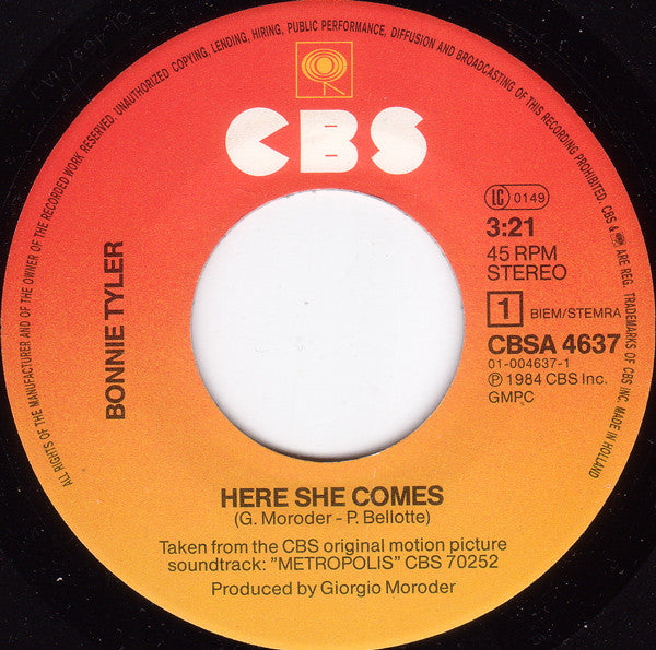 Bonnie Tyler : Here She Comes (7", Single)