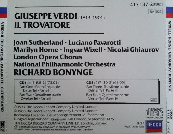 Giuseppe Verdi - Luciano Pavarotti, Joan Sutherland, Marilyn Horne, Ingvar Wixell, Nicolai Ghiaurov, National Philharmonic Orchestra, Richard Bonynge : Il Trovatore (2xCD, RE + Box, Sli)