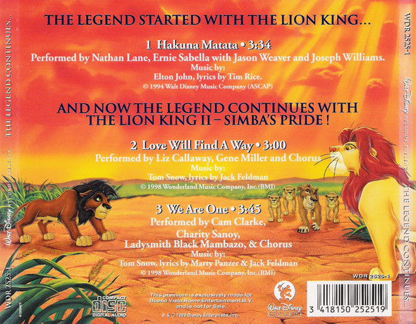 Various : The Legend Continues... (Music From The Lion King Movies) (CD, Promo, Jew)
